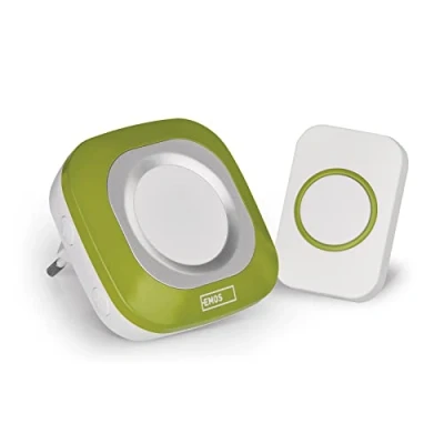 Afbeelding van EMOS P5733G Draadloze bel/deurbelset, 36 melodieën, 150 m bereik, 4 volumes tot 110 dB, wit groene bel, werkt op batterijen, extra knop te bestellen