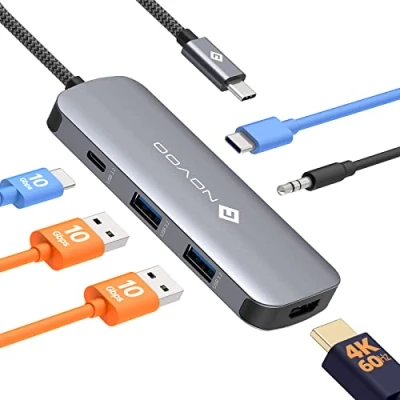 Afbeelding van NOVOO USB C Hub Multiport adapter naar 3.2x2, 100W PD oplader, 4K @60Hz HDMI en 3.2 10Gbps datapoorten, 3.5mm audio, 6in1 compatibel met MacBook Pro, Air uren