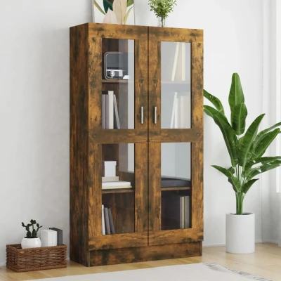 Afbeelding van Vitrinekast 82,5x30,5x150 cm bewerkt hout gerookt eikenkleurig