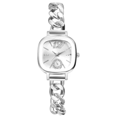 Afbeelding van JewelryWe Dameshorloge klein vierkant horloge: glitter zirkonia analoog kwarts polshorloge dames zilver Cubaanse armband horloge met smalle pantserketting metalen &amp; vierkante wijzerplaat,