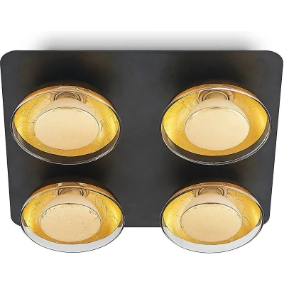 Afbeelding van Lindby plafondlamp 4lichts Ijzer, glas H: 8.1 cm GU10 matzwart, bladgoud Inclusief lichtbronnen