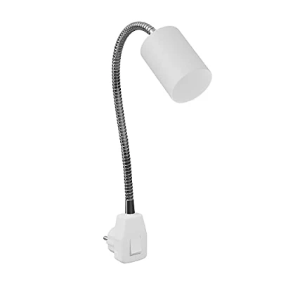 Afbeelding van ledscom.de Wandcontactdooslamp/leeslamp WAIKA, zwanenhals, schakelaar, wit, 1x GU10 max. 60W, draaibaar, werklamp, stekkerlamp, stekkerspot, stekkerdooslamp, stopcontactlamp