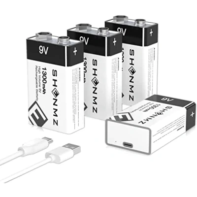 Afbeelding van 【4 stuks】 9 V oplaadbare lithium ion batterij, 1300 mAh snel opladen via micro USB 1500 cycli voor rookmelder, brandmelder, multimeter