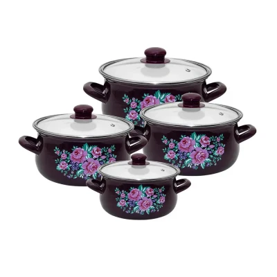 Afbeelding van Silesia Klara 8 delige emaille pannenset retro paars met bloemen