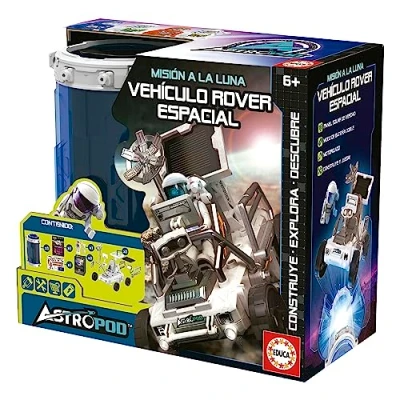 Afbeelding van Educa Missie naar de maan, Space Rover voertuig, bouw je eigen gemotoriseerde 23 delige voertuig met batterij of echt zonnepaneel, vanaf 6 jaar (41347) van stroom voorzien