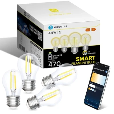Afbeelding van Aigostar Lamp Alexa, E27 LED Filament Lamp, G45 Transparent WIFI Smart Bulbs, 4.5W, 470 Lumen, Afstembaar Wit Warm Dimbaar 2700K 6500K, Compatibel met Alexa en Google Home, 4 Stuks.