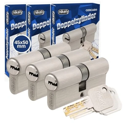 Afbeelding van GERCAR Pro Profielcilindersloten, 45/50, massieve sluitcilinder, gelijksluitend set van 3 dubbele cilinders, mat messing, inclusief 10 sleutels keersleutels lengte: 95 mm, A: 45 B: 50 3x