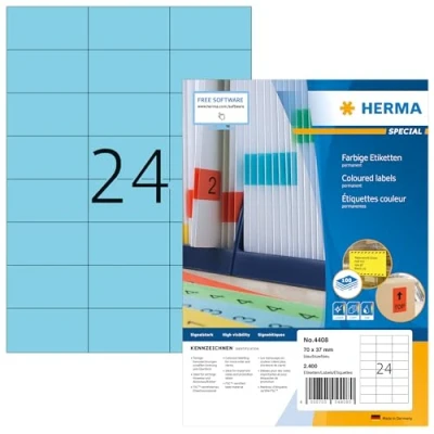 Afbeelding van HERMA 4408 Gekleurde etiketten A4 (70 x 37 mm, 100 velles, papier, mat) zelfklevend, bedrukbaar, permanent klevende retail etiketten, 2400 voor printer, blauw