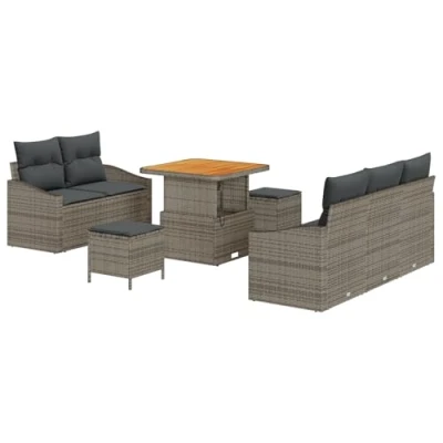 Afbeelding van vidaXL 8 Delige Tuinsofa Set met Kussens Grijs Poly Rattan Acacia, 2 Zits Rattan, 3 Tuin Eetset Acacia