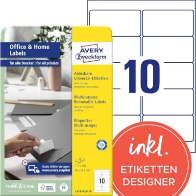 Afbeelding van AVERY Zweckform L4744REV 10 Universele etiketten (100 zelfklevende etiketten, 96 x 50,8 mm op A4, verwijderbaar zonder resten/verwijderbaar, individueel bedrukbaar, stickers), vellen,
