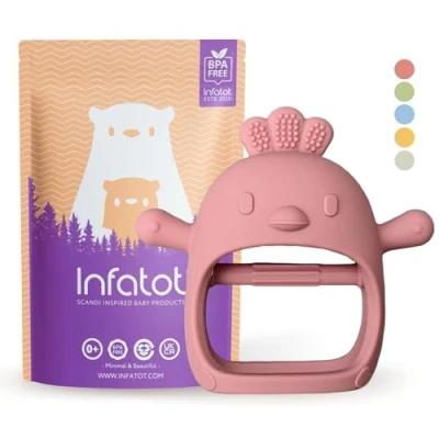 Afbeelding van Infatot® Bijtring Speelgoed voor Baby Siliconen Kip en Handschoen Voorkomt Vingerzuigen Pruim