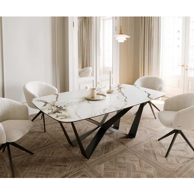 Afbeelding van Eetkamertafel Edge wit goud grijs Boot keramiek Calacatta Luxe 200x100 spider vlak staal zwart