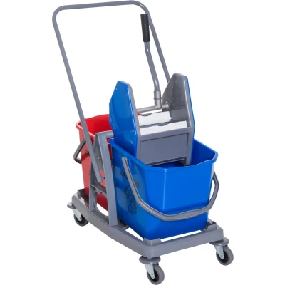 Afbeelding van HOMCOM schoonmaakwagen reinigingswagen dweilwagen met 2 emmers systeemwagen 4 licht lopende wielen metaal + PP blauw rood 73 x 45 92 cm
