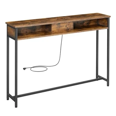 Afbeelding van VASAGLE Consoletafel met stopcontacten, bijzettafel 2 vakken, smal, 25 x 120 81 cm, ruimtebesparend, voor entree, woonkamer, vintage bruin inktzwart LNT111K01