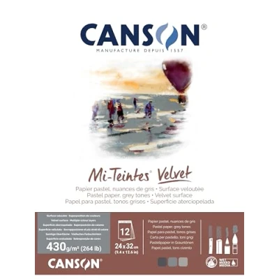 Afbeelding van CANSON Mi Teintes Velvet pastelpapier, fluweelachtig oppervlak, 430 g/m², aan de korte zijde, 24 x 32 cm, 3 grijstinten, 12 vellen