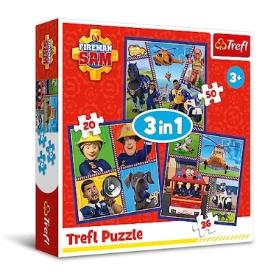 Afbeelding van Trefl Fireman Sam, Dag van brandweerman Sam Puzzel 3 in 1,puzzels met 20 tot 50 stukjes kleurrijke puzzels helden uit de sprookjeswereld, collage, voor kinderen vanaf jaar