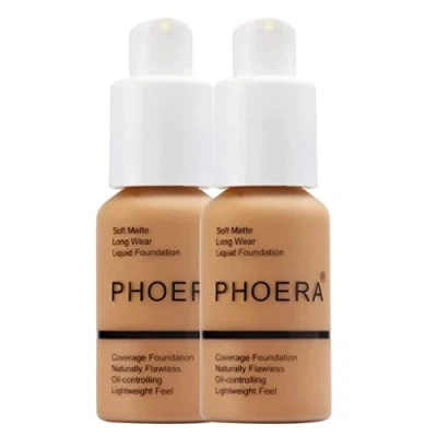 Afbeelding van Glamza Phoera Foundation volledige dekking make up set 24 uur langdurige olie controle zachte gladde matte vlekkeloze concealer crème Inc x2 30ml &amp; Siliconen Blender Spons (106 Warm