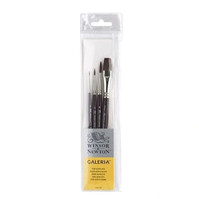 Afbeelding van Winsor &amp; Newton 5790600 Galeria Acrylpinsel Set, aus Synthetikfasern, ideale Kontrolle für dickere Farbaufträge, Set 4 Pinsel kurzer Stiel, Rundpinsel Nr. 0, 3 und 8, Verwaschpinsel 12 mm