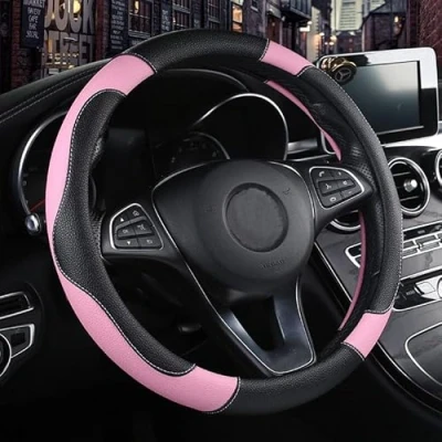 Afbeelding van Istn Unisex sport stijl contrast kleur antislip zweet goed ademend PU kunstleer 38 cm auto stuurwiel afdekking (roze)