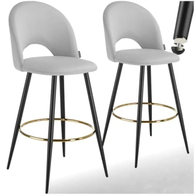 Afbeelding van tectake® Set van 2 Barkrukken Sachel Gestoffeerde Barkruk met rugleuning Barstoelen Ergonomische Barstoel voetensteun Eetkamerstoel fluweellook bekleding Stevige stalen poten antislip vloerbescherming Lichtgrijs/Zwart