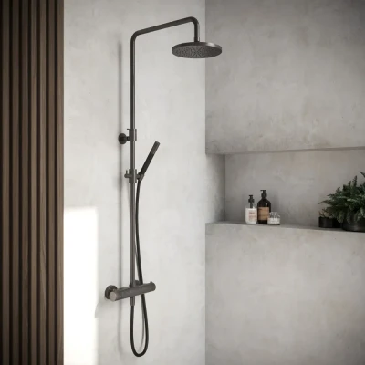 Afbeelding van HotBath Cobber thermostatische regendoucheset met 20cm ronde hoofddouche handdouche ijzer verouderd