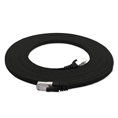 Afbeelding van 1aTTack.de 15m zwart 1 stuk Cat7 platte kabel netwerkkabel Cat 7 ruwe Gigabit Lan (10Gbit/s) lintkabel installatiekabel patchkabel plat slanke Rj 45 plug Cat6a