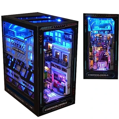 Afbeelding van DIY Poppenhuis Booknook Boekenplank Insert Decor, Book Nook Kit, 3D Houten Puzzel met LED Verlichting Boekenhoek Hout Boekensteun Model Gebouw