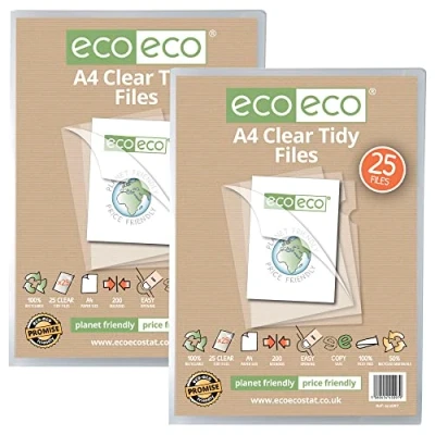 Afbeelding van eco A4 50% Gerecycleerde Tas 50 Netjes Rapportbestanden, 200 Micron Open Top &amp; Side Covers File Portefeuilles Clear Cut Flush, eco097x2