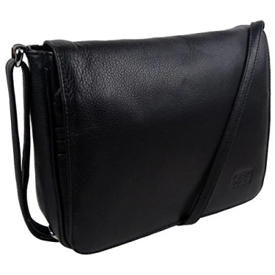 Afbeelding van Dames lederen klassieke Cross Body handtas tas van Marc Chantal Black Flap Over, Zwart, M, Tassen