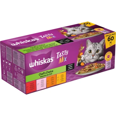 Afbeelding van Whiskas Adult 1+ Saus Selectie Van De Chef Maaltijdzakjes Kattenvoer Nat Multipack 60 x 85 gr