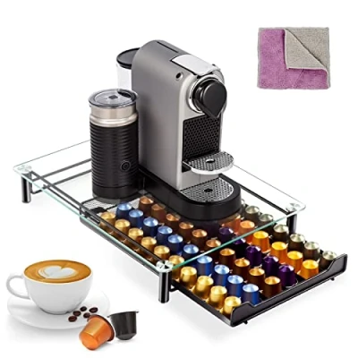 Afbeelding van Masthome Koffiepads opslag, 60 capsules lade &amp; machine standaard met gehard glas top, opberglade compatibel Nes, anti slip voeten en reinigingsdoek (metaal/zwart)