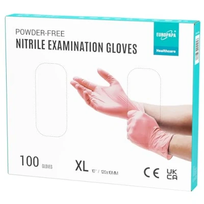 Afbeelding van EUROPAPA® 100 x nitrilhandschoenen, roze box, wegwerphandschoenen, onderzoekshandschoenen, nitril handschoenen, poedervrij, zonder latex, niet steriel, latexvrij, wegwerphandschoenen (XL, Roze)