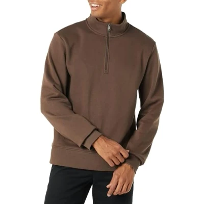 Afbeelding van Amazon Essentials Men&#039;s Fleecesweatshirt met lange mouwen en kwartrits, Middenbruin, S