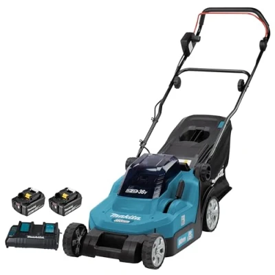 Afbeelding van Makita DLM382PM2 36V (2x 18V) Li ion accu grasmaaier set 4,0Ah) met dubbellader 38cm