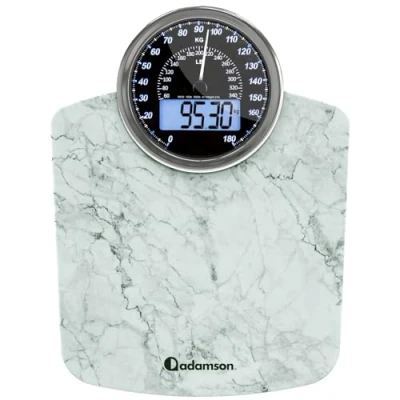 Afbeelding van Adamson Hybride + 2 in 1 personenweegschaal, digitaal en analoog, tot 180 kg, dik gehard glas, groot display, gemakkelijk af te lezen nieuw wit marmer