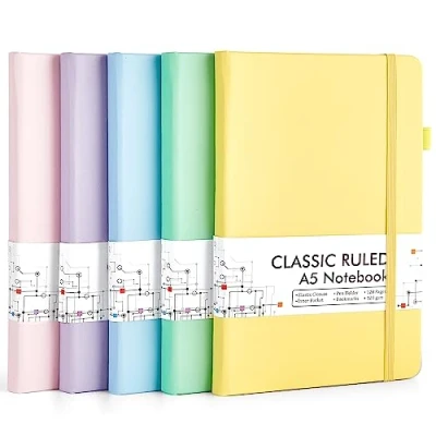 Afbeelding van feela Notitieboekje, A5, gelinieerd, hardcover, 5 kleurrijke notitieboekset, dagboek met gelstiften, zwart, 120 g/m², 13 x 21 cm, notitieblokset geschikt voor kantoor, school, kinderen en