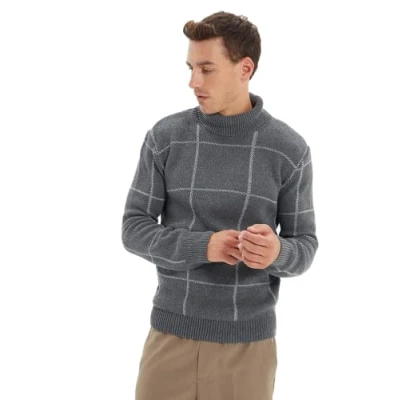 Afbeelding van Trendyol Heren coltrui geruite slanke trui sweatshirt, Antraciet, S, S