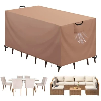 Afbeelding van Aujink beschermhoes voor tuinmeubelen, afdekzeil tuintafel, Oxford stof, 420D, buiten, waterdicht, winddicht, uv bescherming, rotan meubelhoes, kaki, 125 x 63 74 cm