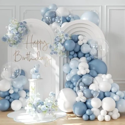 Afbeelding van Stoffige blauwe en witte ballonboog kit, 113 stuks blauwwitte ballonslinger boog kit met macaron mist heldere ballonnen, stofblauwe decoraties voor jongens babyshower, doop, verjaardag