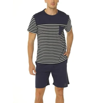 Afbeelding van Reliwel korte pyjama voor heren, katoen, contrasterende strepen, design, zomer, pyjama, ronde hals, mouwen, bovendeel en pyjamabroek met zak, nachtkleding, huispak, sleepwear,