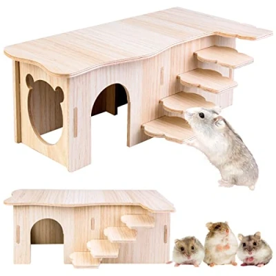 Afbeelding van Vegena hamster hoekhuis houten hamsterhuis met trappen, hout verstopplaats kooi decor accessoires voor gerbils, degus, stekelmuizen, dwerghamsters (27 x 15 10,5 cm)