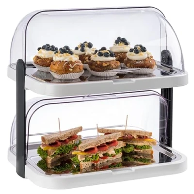 Afbeelding van APS Buffet Showcase &quot;Double Decker&quot; 2 transparante rolluiken die aan beide zijden geopend kunnen worden, roestvrijstalen dienbladen, 4 koelbatterijen, ruimtebesparend opbergen Made in Germany