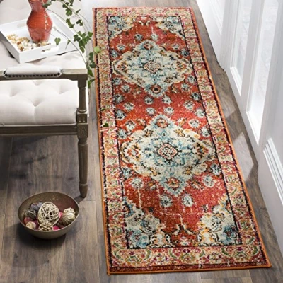 Afbeelding van SAFAVIEH Monaco Collection MNC243H Boho Chic medaillon in used look, pluisvrij, voor woonkamer, entree, foyer, hal, slaapkamer, 60 x 180 cm, oranje/lichtblauw