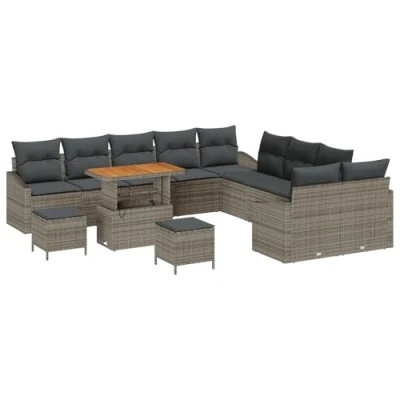 Afbeelding van vidaXL 13 delige tuinset met kussens in grijs poly rattan en acacia