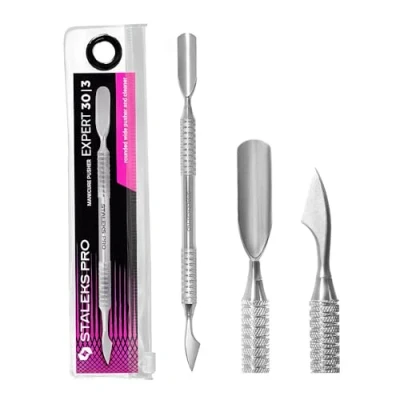Afbeelding van STALEKS PRO dubbele nagelriemduwer, brede afgeronde schuiver + reiniger, manicure en pedicure, roestvrij staal, Expert 30/3
