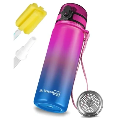Afbeelding van My Vesperbox Roestvrijstalen thermosdrinkfles, lekvrij, met rietje of zeef, 400 ml, 600 BPA vrij, voor kleuterschool, school (paars, blauw, ml)