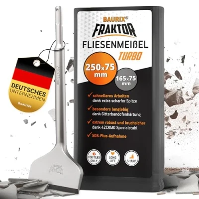 Afbeelding van BAURIX® Tegelbeitel SDS Plus Beitel [250 x 75 mm] FRAKTOR® Systeem voor het moeiteloos verwijderen van tegels en verklevingen Beitelset 42CrMo speciaal staal