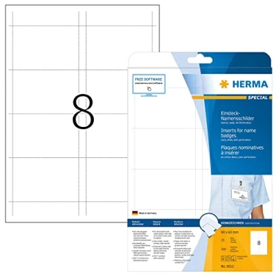 Afbeelding van HERMA 9012 naamkaartjes voor kleding A4 (90 x 60 mm, 25 vellen, karton) geperforeerd, bedrukbaar, niet klevende insteekkaarten, 200 insteeketiketten, wit