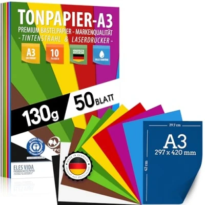 Afbeelding van 50 vellen gekleurd tekenpapier, DIN A3, 130 g, 10 kleuren, stevig papier, gekleurde voor school, hobby, kinderen en doe het zelf vellen, knutselaccessoires, kopieerpapier, geschenken, blauwe