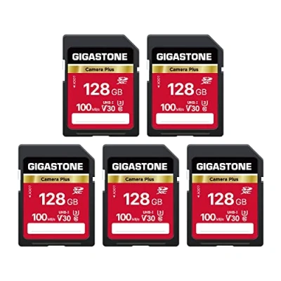 Afbeelding van Gigastone 128GB 5 pack SD kaart, Camera Plus, V30 SDXC geheugenkaart, hoge snelheid 4K Ultra HD UHD video, compatibel met Canon Nikon Sony Kodak Olympus Digital Camera, Mini transparent doosje